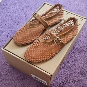 Tan Fishnet Mesh Mary Jane Ballet Flats